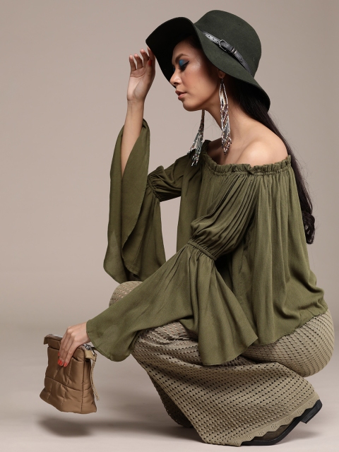 

Label Ritu Kumar Olive Green Off-Shoulder Bardot Top