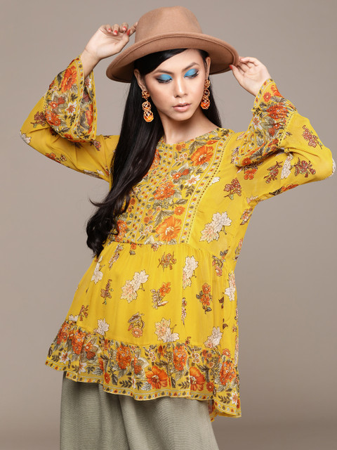 

Label Ritu Kumar Mustard Yellow & Orange Regular Top With Inner