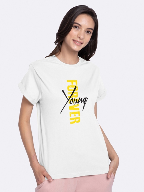 

Bewakoof Women White & Yellow Typography Printed Loose T-shirt
