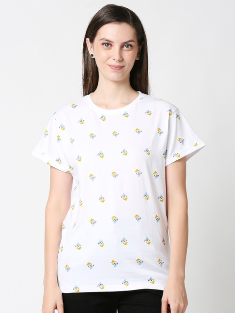 

Bewakoof Women White & Yellow Donald Duck Printed Loose T-shirt
