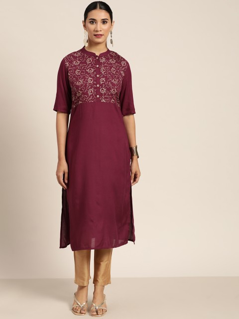 

Sangria Women Burgundy & Golden Ethnic Motifs Printed Straight Kurta