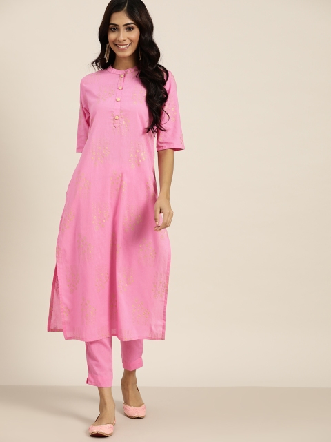 

Sangria Women Pink & Golden Ethnic Motifs Printed Regular Pure Cotton Kurta with Trousers