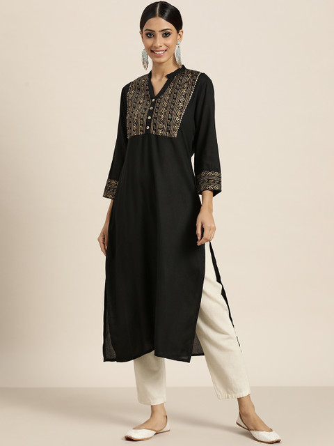 

Sangria Women Black & Golden Ethnic Motifs Yoke Design Gotta Patti Straight Kurta