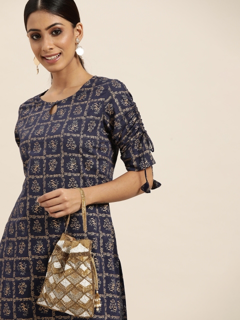 

Sangria Women Navy Blue & Golden Printed Pure Cotton Kurta with Trousers