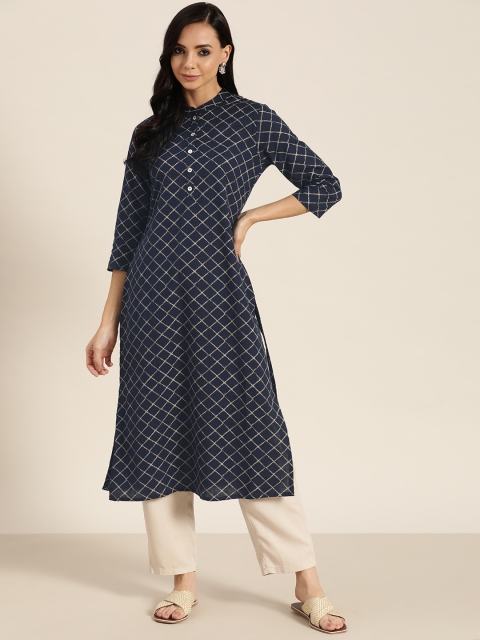 

Sangria Women Navy Blue & Beige Geometric Printed Pure Cotton Indigo Kurta