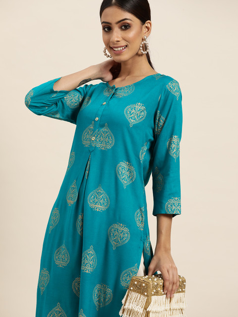 

Sangria Women Teal Green & Golden Ethnic Motifs Printed A-Line Kurta