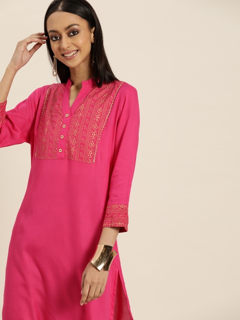 

Sangria Women Pink & Golden Ethnic Motifs Yoke Design Kurta