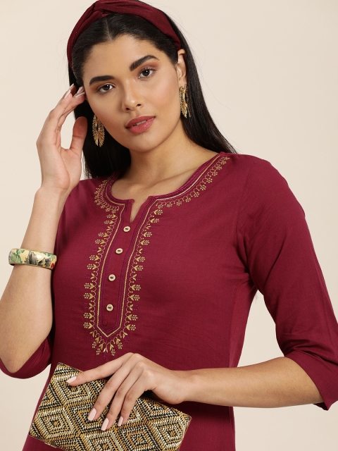 

Sangria Women Burgundy Yoke Design Regular Pure Cotton Kurta with Trousers
