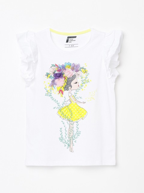 

Fame Forever by Lifestyle Girls White & Yellow Flutter Sleeve Regular Top