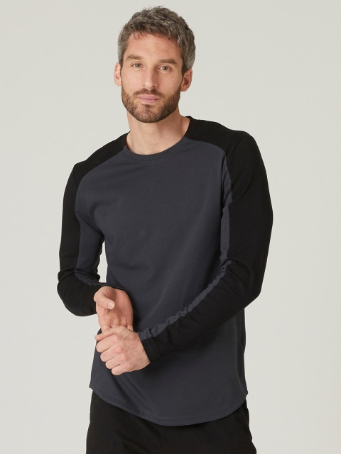 

Domyos By Decathlon Men Grey & Black Colourblocked Cotton Training or Gym T-shirt