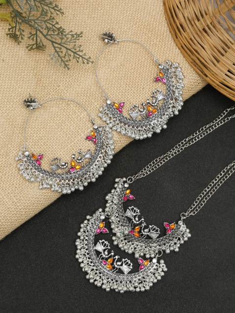 

NEUDIS Silver-Toned Oxidised Antique Ena Work Statement Necklace with Earring Set