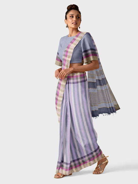 

Taneira Lavender & Grey Striped Pure Cotton Saree