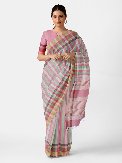 

Taneira Pink & Off White Striped Pure Cotton Saree