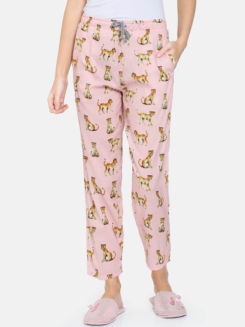 

Bareblow Women Peach-Coloured & Brown Animal Printed Cotton Lounge Pants