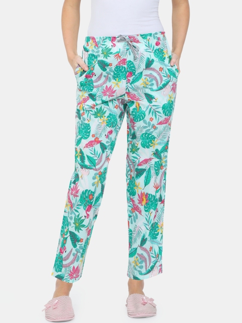 

Bareblow Women Sea Green & Pink The Birds Of A Flower Printed Cotton Lounge Pants