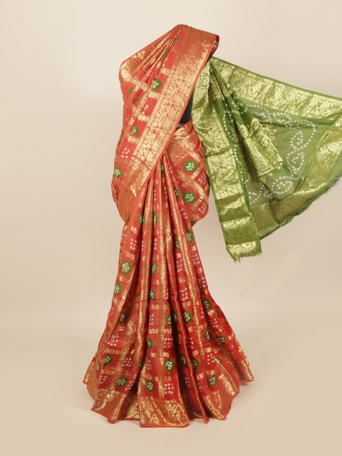 

Pothys Rust Orange & Green Bandhani Zari Art Silk Saree