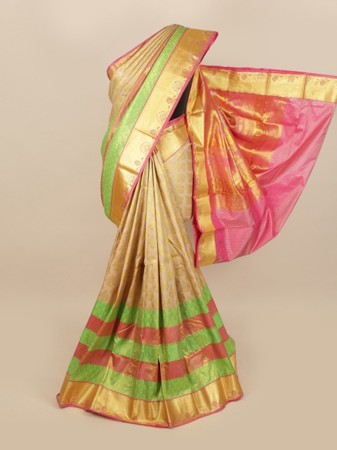 

Pothys Beige & Green Ethnic Motifs Zari Silk Cotton Saree