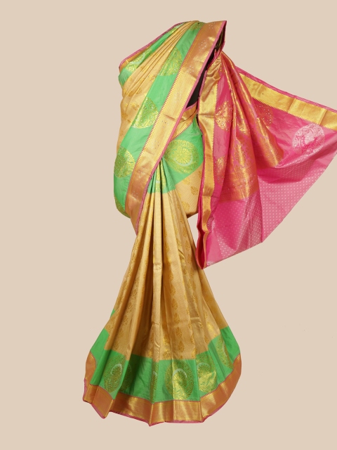 

Pothys Beige & Green Ethnic Motifs Beads and Stones Silk Cotton Saree