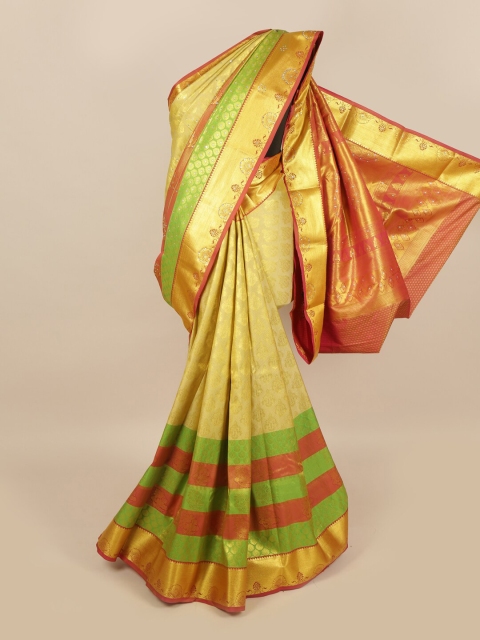 

Pothys Gold-Toned & Green Beads and Stones Woven Design Silk Cotton Saree