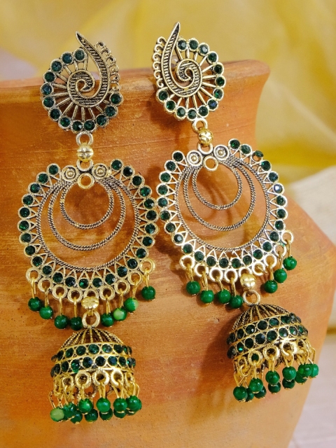 

Crunchy Fashion Gold Plated Gold & Green Contemporary Jhumkas Earrings