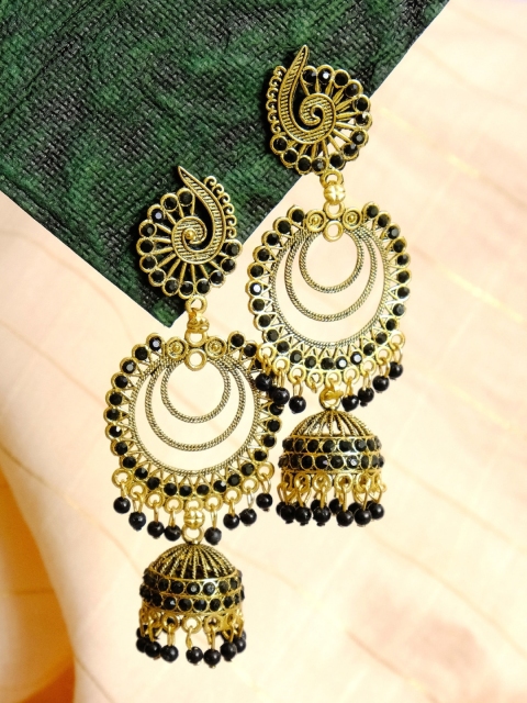 

Crunchy Fashion Women Black Gold-Toned Gold-Plated Peacock Contemporary Jhumkas Earrings