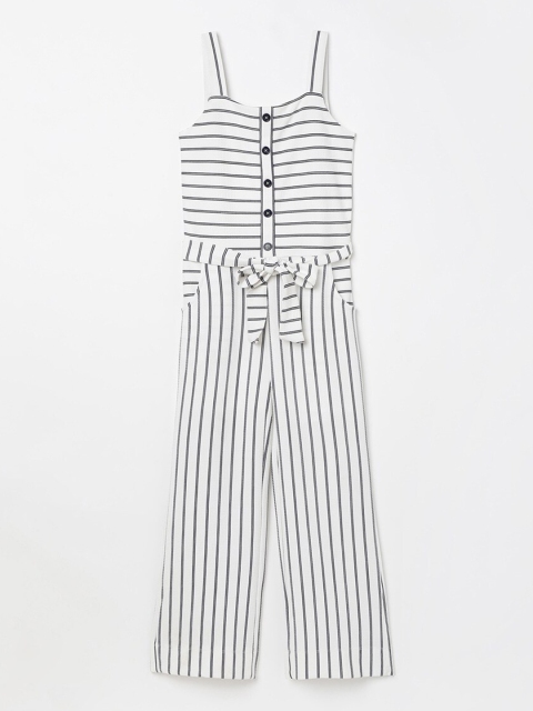 

Bossini Girls White & Navy Blue Striped Basic Jumpsuit