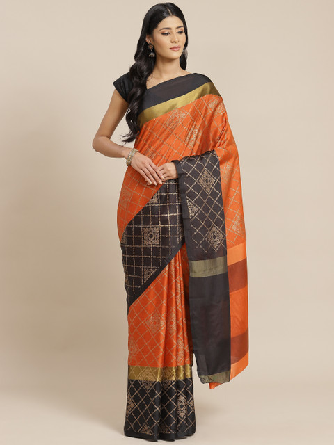 

OM SAI LATEST CREATION Orange & Golden Checked Jaali Saree