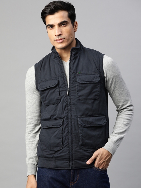 

Pierre Carlo Men Navy Blue Solid Pure Cotton Sleeveless Bomber Jacket