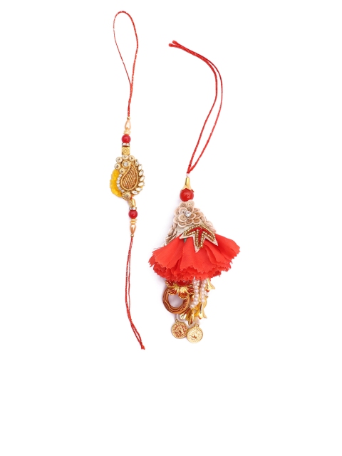 

NAMASYA Women Set Of 2 Orange & Gold-Coloured Bhaiya Babhi Rakhis, Red