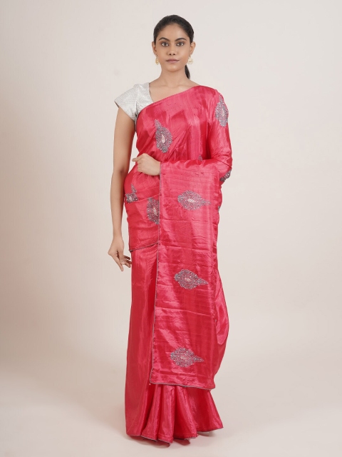 

Pothys Pink & Grey Ethnic Motifs Embroidered Mulberry Silk Saree