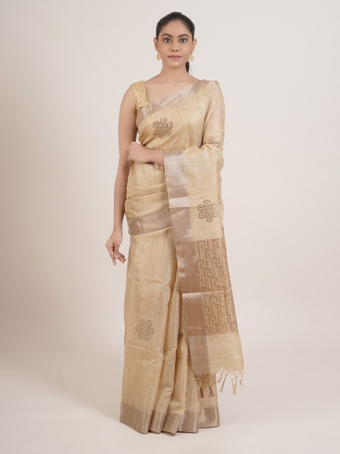 

Pothys Beige & Gold-Toned Embellished Tissue Saree