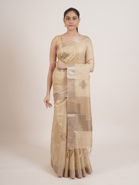 

Pothys Beige & Gold Embellished Beads and Stones Zari Detail Tissue Saree
