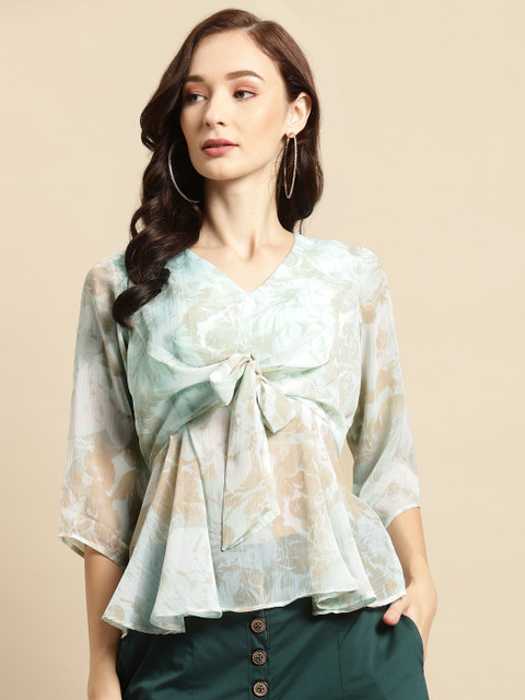 

WoowZerz Green & Brown Floral Print Tie-up Pleated A-line Top