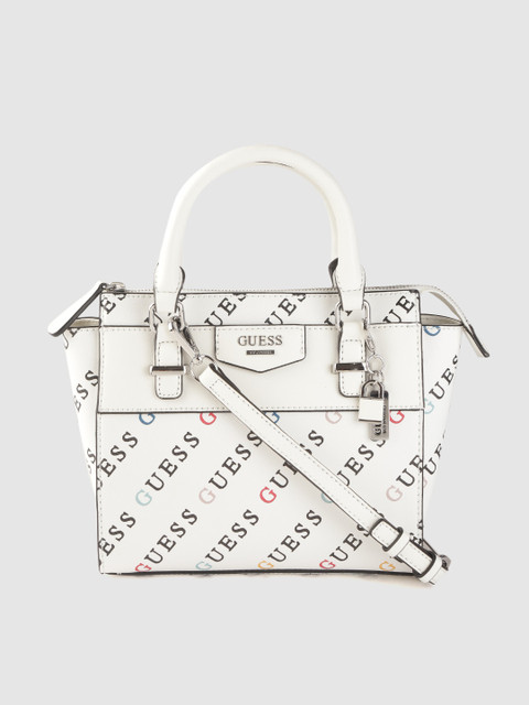 

GUESS White & Black Snakeskin Textured & Brand Logo Print Handheld Bag with Sling Strap