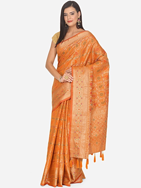 

BOMBAY SELECTIONS Orange & Gold-Toned Checked Art Silk Banarasi Saree