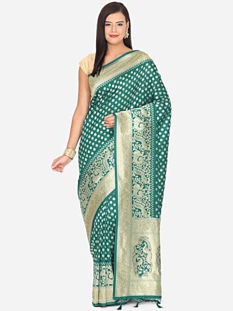 

BOMBAY SELECTIONS Teal & Gold-Toned Woven Design Zari Art Silk Banarasi Saree