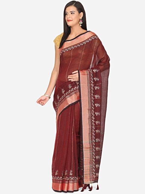 

BOMBAY SELECTIONS Maroon & Gold-Toned Striped Zari Jute Cotton Kota Saree