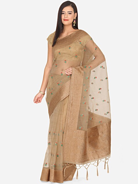 

BOMBAY SELECTIONS Brown & Red Floral Beads and Stones Organza Saree