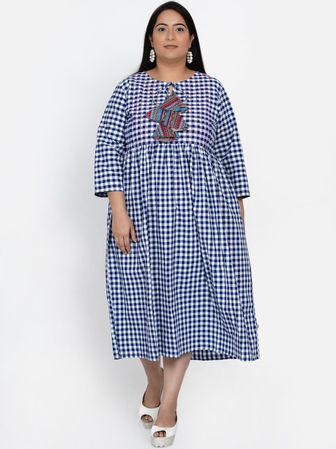 

Fabnest Curve Blue Checked Tie-Up Neck A-Line Midi Dress