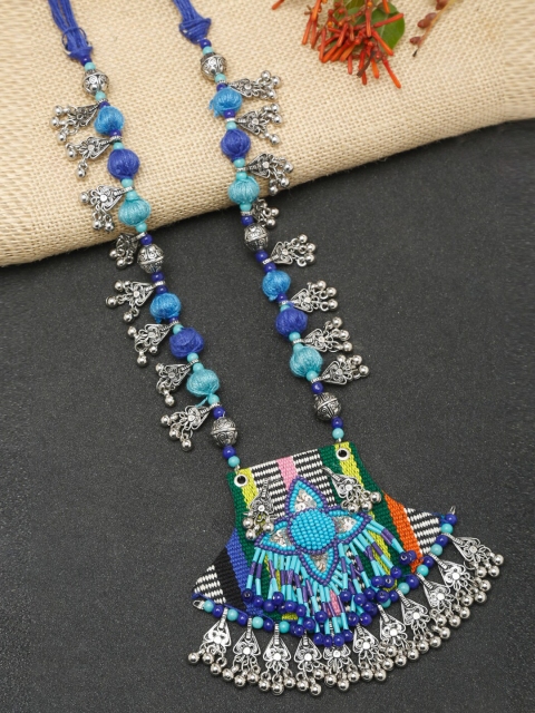 

NEUDIS Silver-Toned & Blue Silver-Plated Afghan Necklace