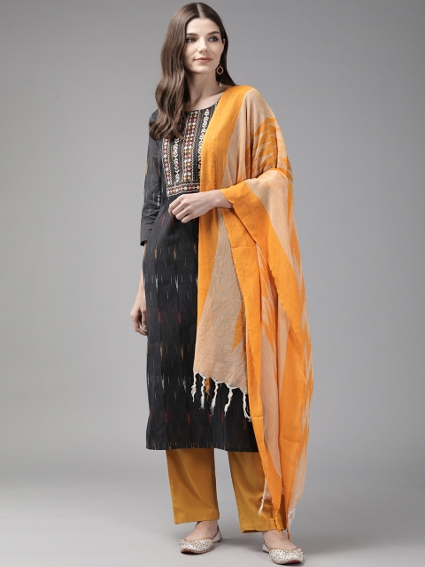 

Yufta Women Black & Mustard Yellow Pure Cotton Ikat Design Kurta with Palazzos & Dupatta