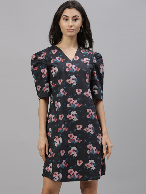 

RAREISM Women Black Floral Printed A-Line Dress