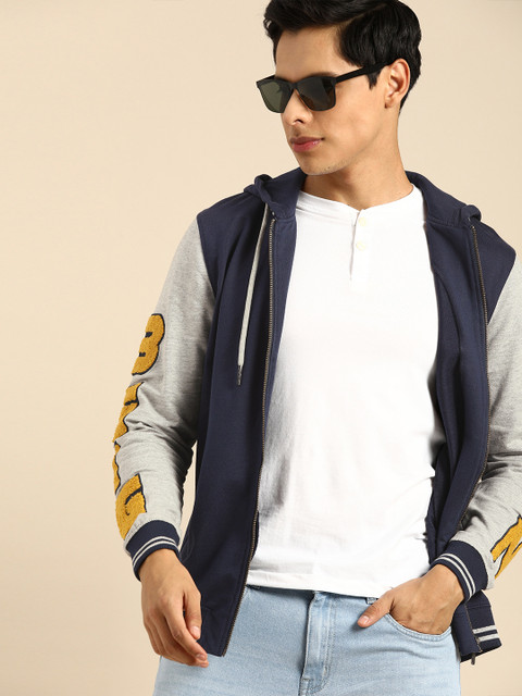 

Being Human Men Navy Blue Contrast Sleeves Applique Detailed Hooded Sweatshirt