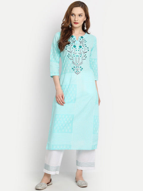 

fabGLOBAL Women Blue Floral Embroidered Panelled Pure Cotton Kurti with Trousers