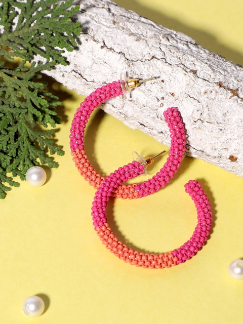 

Blueberry Orange & Pink Gold-Plated Beaded Handcrafted Crescent Shaped Half Hoop Earrings