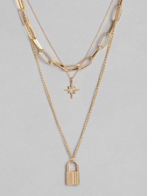 

Blueberry Gold-Plated Stone Studded Star & Lock Shaped Layered Necklace