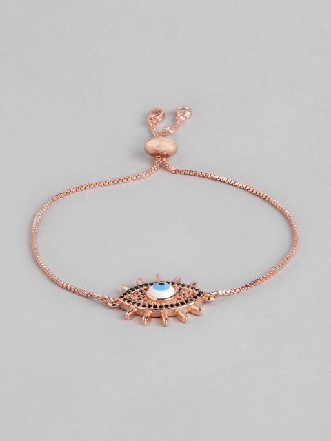 

Blueberry Women White & Blue Rose-Plated Studded Evil Eye Charm Bracelet, Rose gold