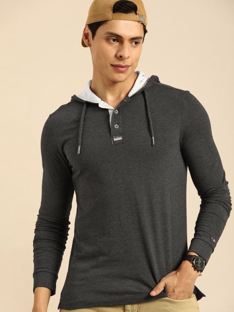 

Being Human Men Charcoal Grey Solid Hooded T-shirt