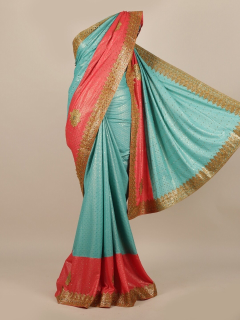 

Pothys Turquoise Blue & Fuchsia Ethnic Motifs Beads and Stones Jute Silk Saree