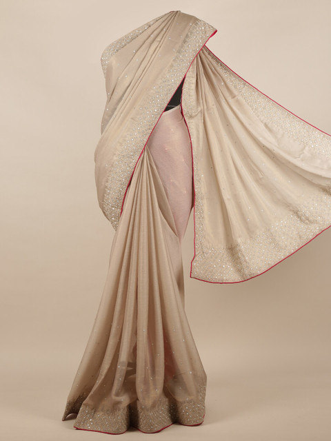 

Pothys Beige & Silver-Toned Sequin-Embellished Saree